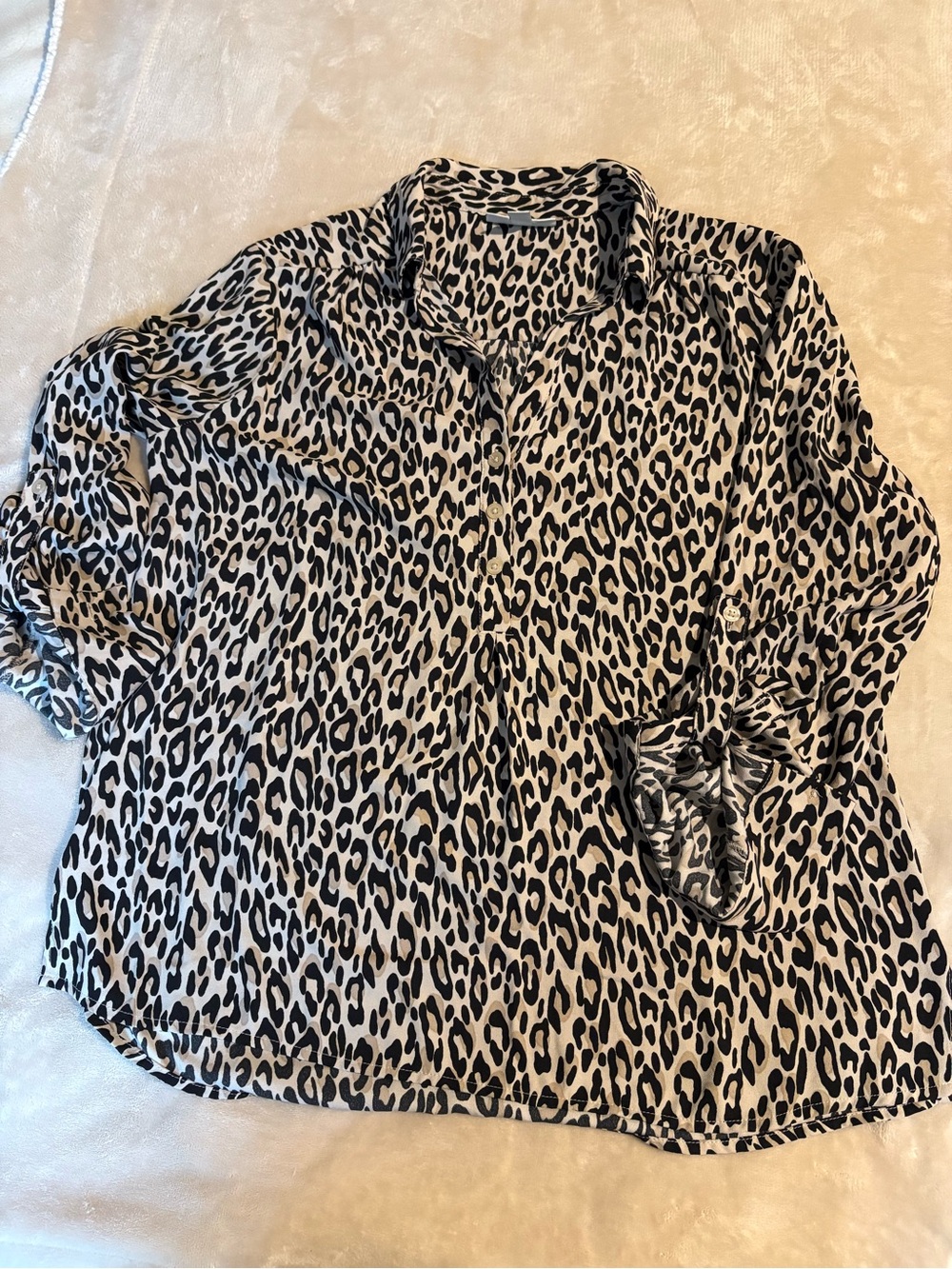 Dana Buchman Black and Cream Leopard Print Button-Up Blouse